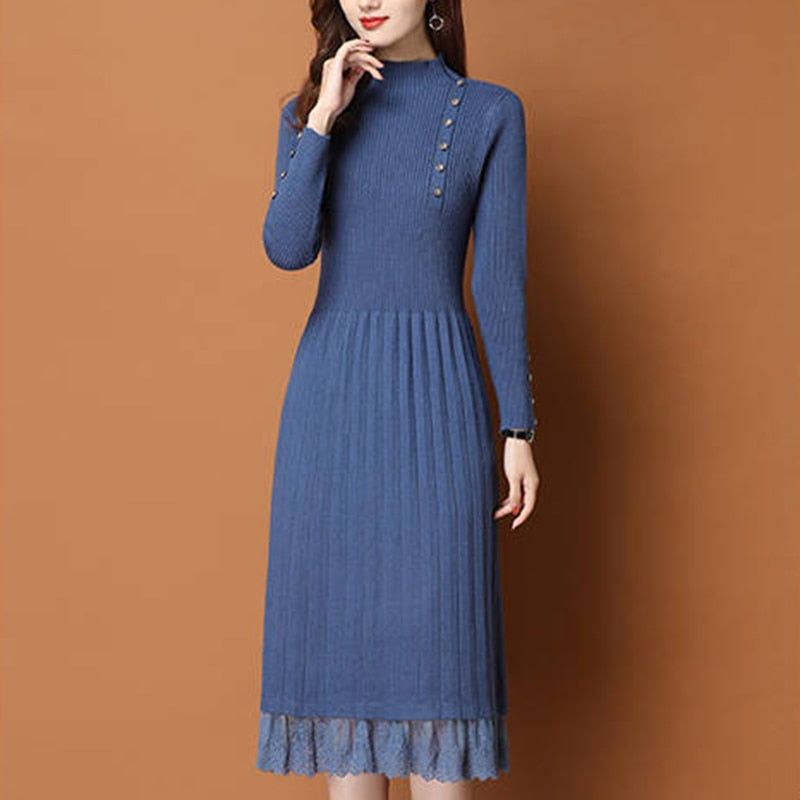 Women Autumn Winter Sweater Knitted a line Dress Ribbed Slim Elastic Long Sleeve Lady Bodycon Midi Dress - WD8144