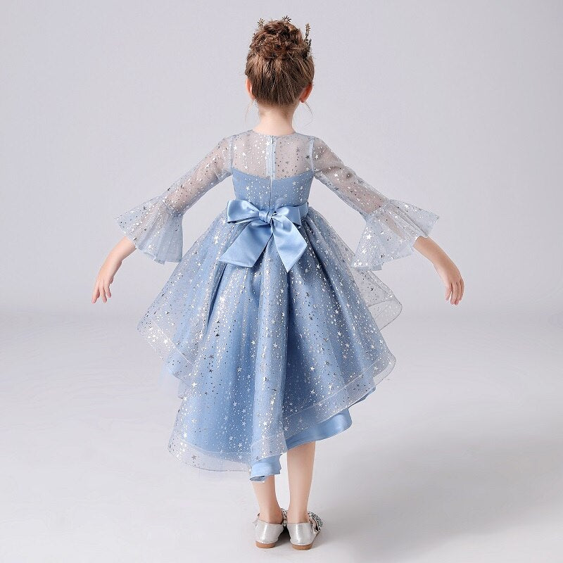 Kids Girl Clothes Tail Flared Sleeves Elegant Mesh New Year Princess Vestidos Wedding Party Dress - KGD8372
