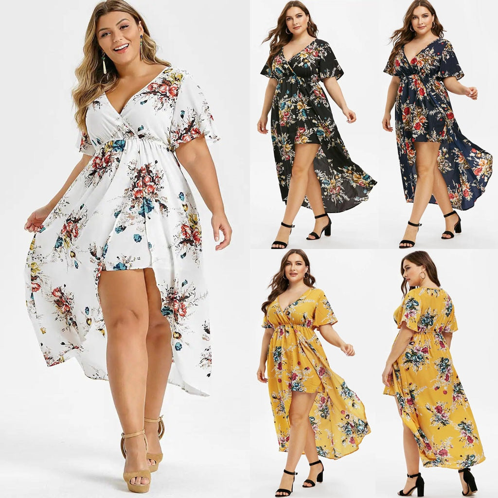 Women Plus Size Floral Printed Dress Short Sleeve Bell Sleeve High Low Maxi Dress - WD8186