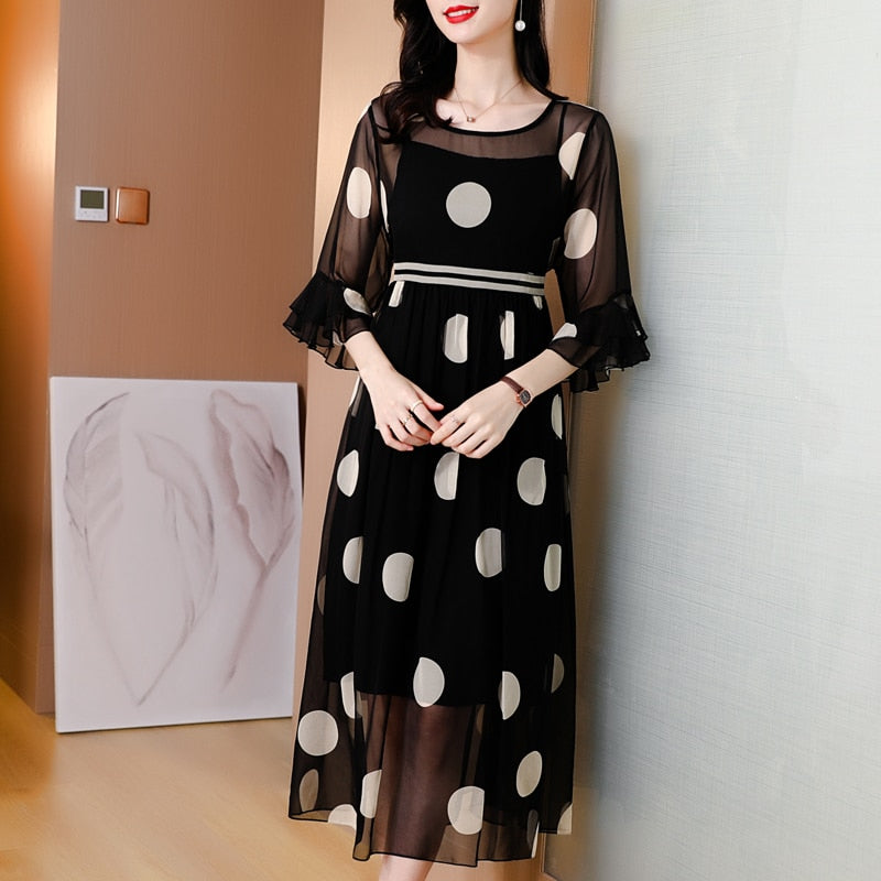 Black Dot Print Chiffon Beach Midi Dress Summer Vintage Natural Silk Dress Women Elegant Party Evening Vestidos - WD8103
