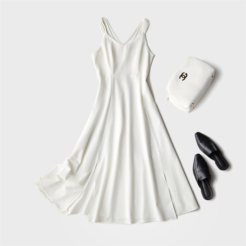 Women Summer Holiday Dress Cross Strap Open Back Solid Beach Style Ankle-Length Dresses - WD8192
