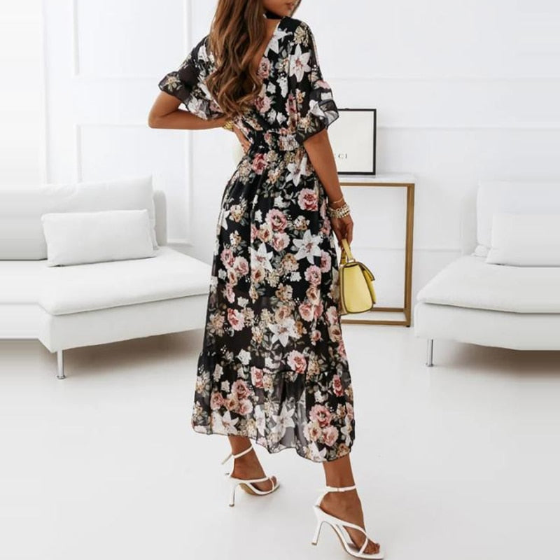 Women Casual V Neck Floral Printed A-line Fashion Dress - WD8225