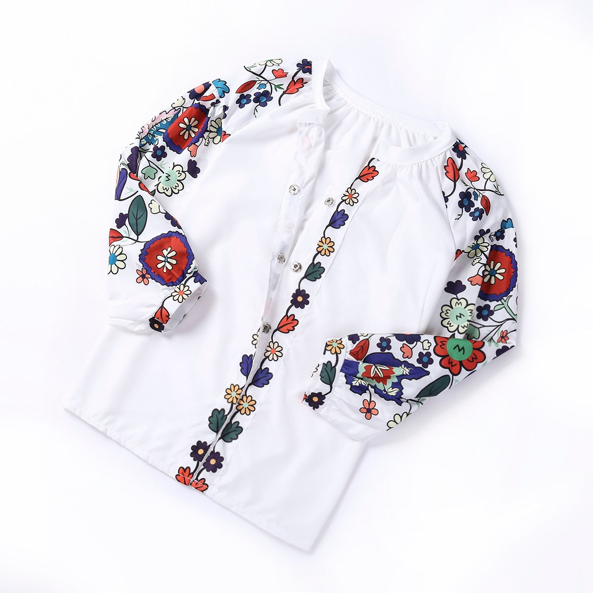 Women Autumn Clothes Long Sleeve Shirt Flower V-Neck Casual Loose Top Ladies Blouse - WSB8525