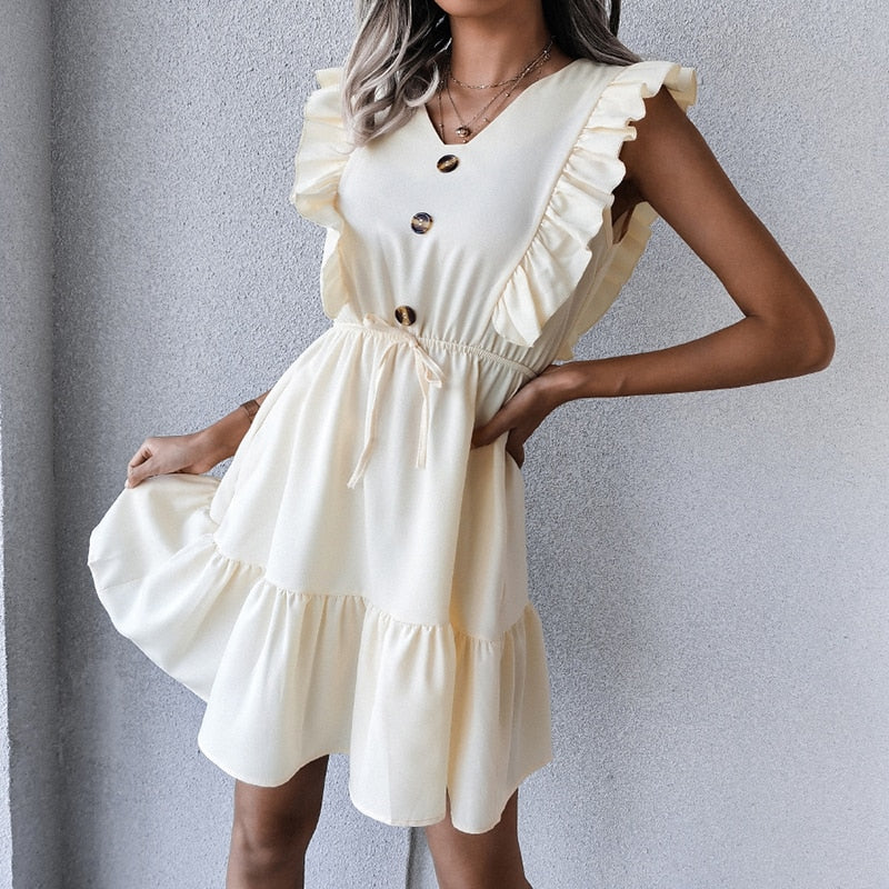 Women Sweet Buttons V Neck Ruffled Lace-up A-line Dres - WD8243