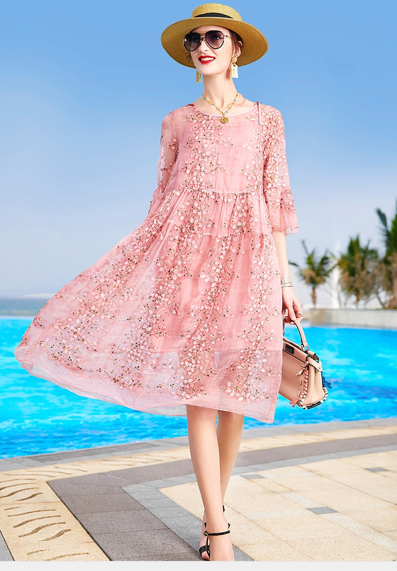Women New Spring  Dress Summer Female Silk Embroidery Maxi Dress - WD8058