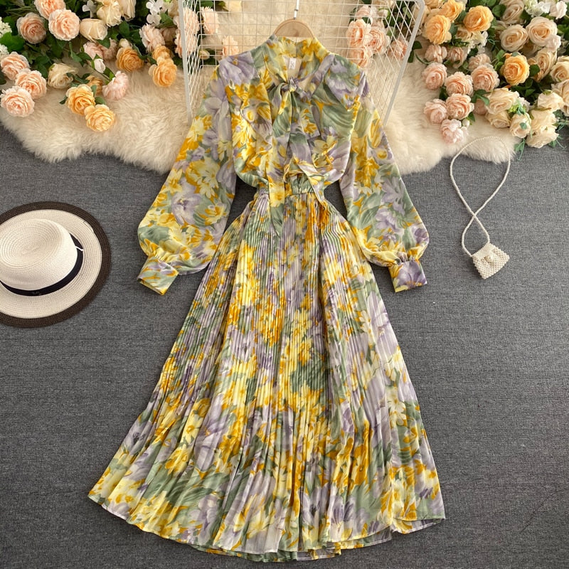 Women Floral Long Dress Spring Summer Korean Style Stand Collar Lantern Sleeve Chiffon Dress - WD8110
