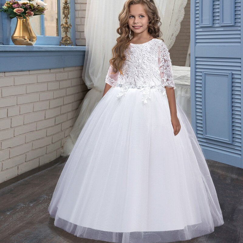 Kids Girl Wedding Ceremony Dresses Elegant Girl White Lace Bridesmaid Dress - KGD8363