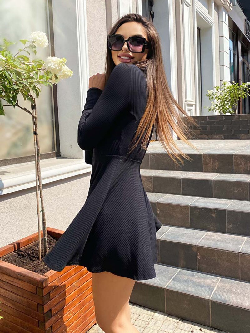Women Solid Color V neck Knitting Dress Long Sleeve Buttons Casual Slim A Line Mini Dress - WD8263