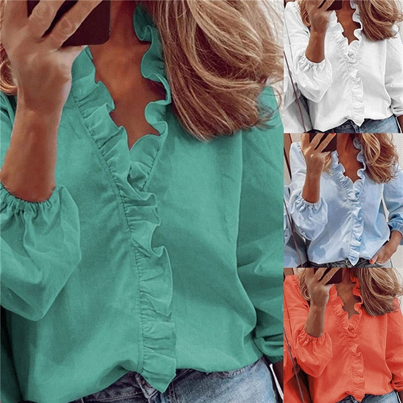 Womens Tops And Blouses Elegant Long Sleeve White Shirt Solid Color Blouse - WSB8529