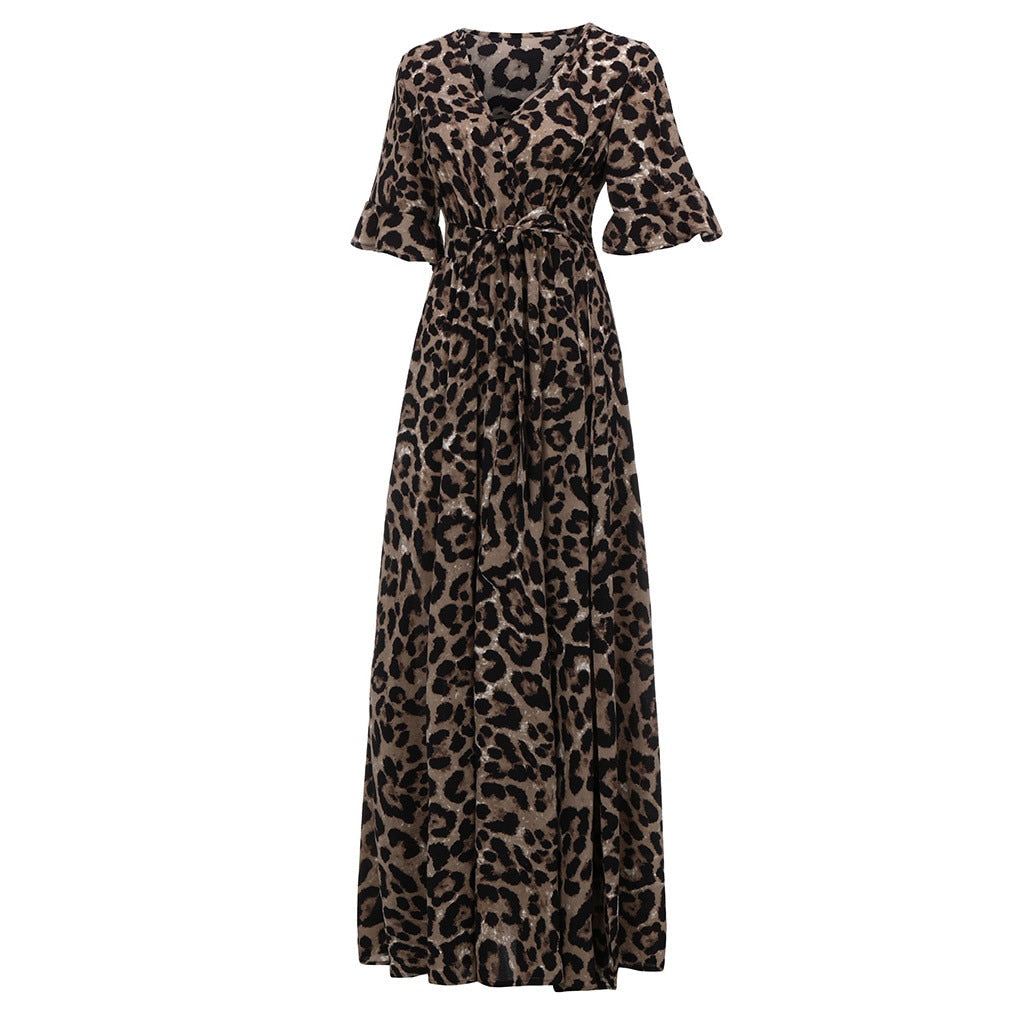 Women Plus Size Summer Dress Leopard Print V-Neck Loose Belt Streetwear Short Sleeve Bandage Maxi Dresses - WD8185