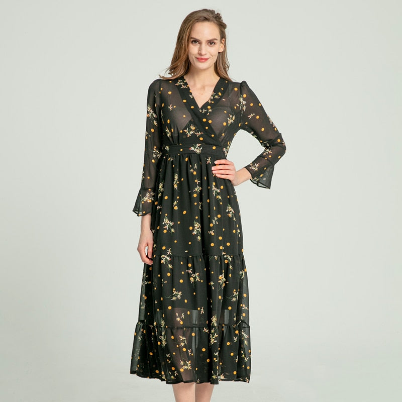 Women Summer Beach Style Three Quarter Flare Sleeve Empire A-Line Ankle-Length Floral V-Neck Women Dresses - WD8202