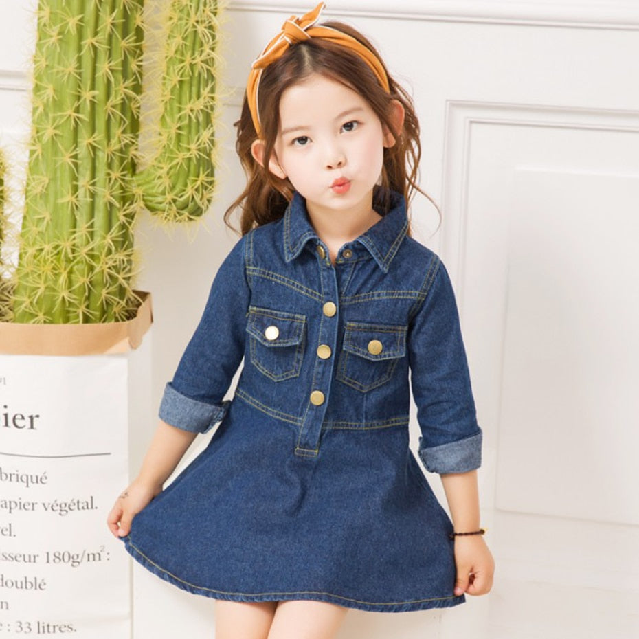 Toddler Girls Denim Pockets Girl Child Spring Autumn Casual Dresses - BTGD8505