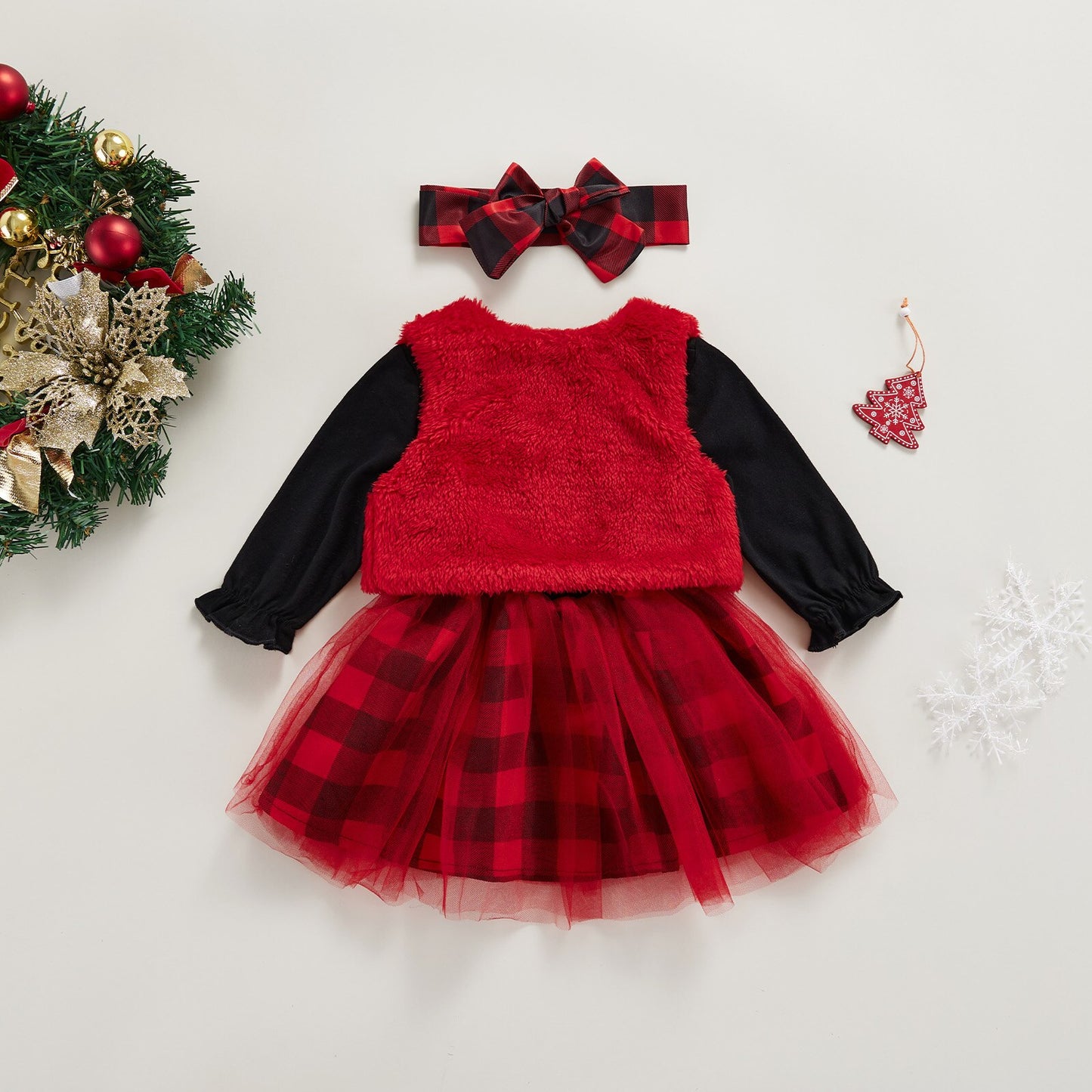 Newborn Baby Girls Clothes Sets Fashion Christmas Dress Plush vest Headband 3Pcs Autumn Winter Toddler Infant Clothing Outfits - BTGO8381