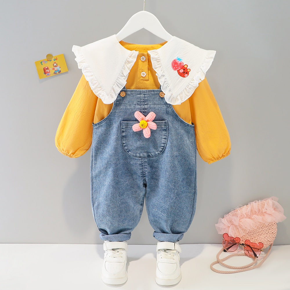 Toddler Girls Baby Girl Cute Long-sleeved + Denim Suspenders Sweet Princess Style 2piece set - BTGO8418