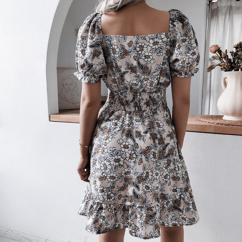 Women Summer Casual Square Collar Floral Printed Ruffled Dress - WD8233