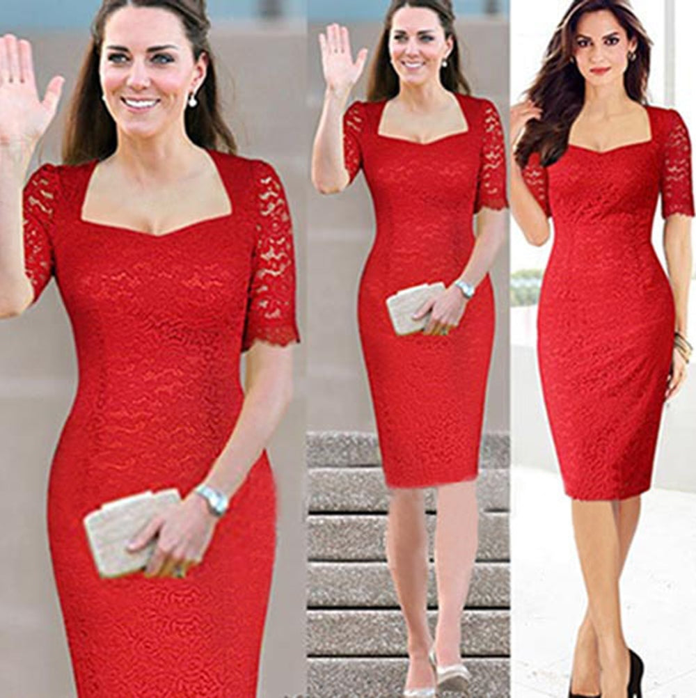Ketty More Kate Middleton Wearing Red Lace Dress-KMWD295