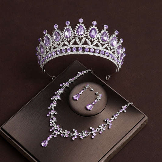 Luxury Purple Bridal Jewelry Sets for Women Choker Necklace Earrings With Crown Wedding Bride Set Costume Accessories