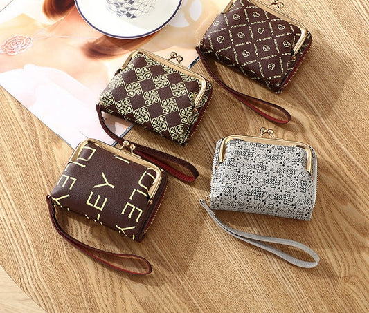 Mini Clutch Wallet, Classic Kiss-Lock & Zipper Coin Purse, Card Case With Removable Wristlet