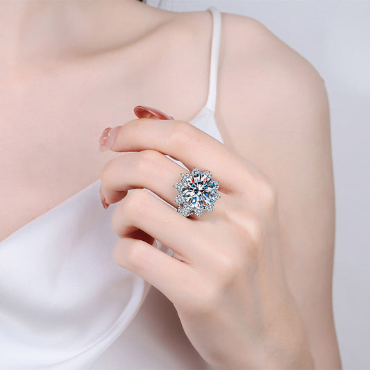 Luxury Mossanite Sun Flower Ring S925 Sterling Silver Plated PT950 Wedding Ring Jewelry