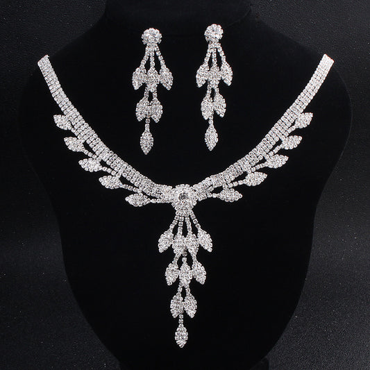 Bridal sparkling rhinestone jewelry set, silver full diamond leaves, three rows of diamond earrings and necklace, two-piece set