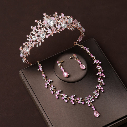 Bridal Crown Pink Necklace Earrings Three-piece Set Handmade Wedding Style Princess Birthday Crown Accessories