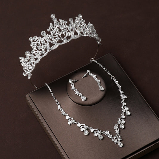 Bridal Tiara Three-Piece Crown Necklace High-End Gold White Tiara Earrings Jewelry Sets