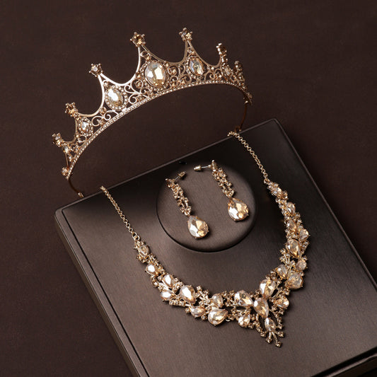 Bridal Headwear Champagne-color Fashion Style Classical Ladies' Crown Necklace Earrings 3 Pcs Set For Wedding