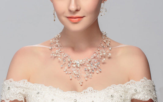 Lvory White Pearls Necklace and Earrings Sets Rhinestones Bridal Jewelry Set for Bride Wedding Dress Accessories