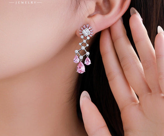 Colorful Series Sweetheart Party Sparkling Tassel Pink Water Drop Earrings Sweet and Cute Girly Earrings