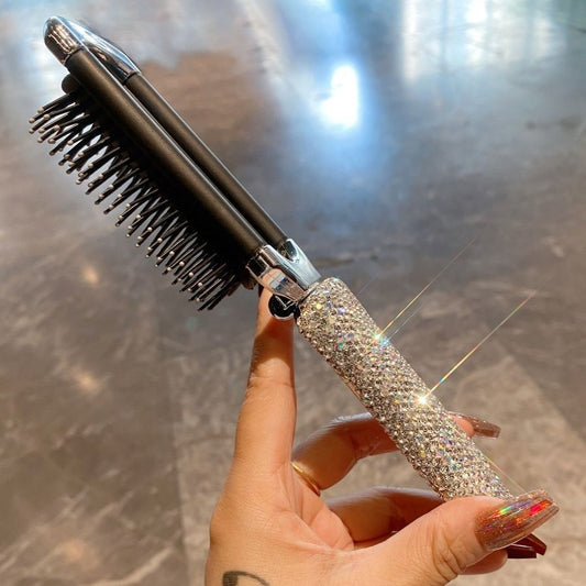 Portable Folding Comb with HD Mirror Inside Inlay Rhinestone Hair Brush Women Combs Hair Comb Scalp Massage Girl Hairbrush