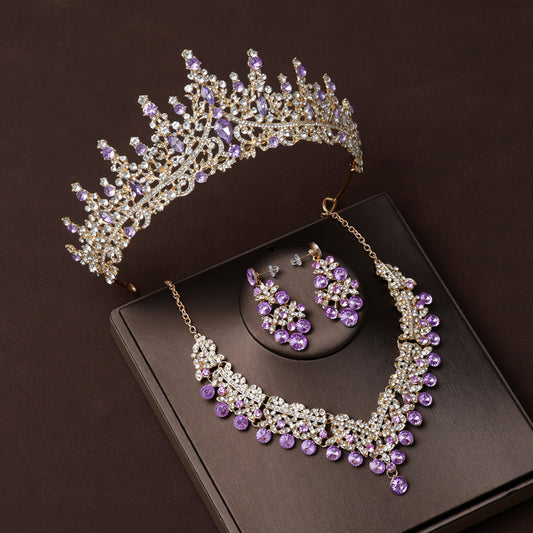 Crown Wedding Dress Birthday Hair Sccessories Purple Diamond Retro Luxury Necklace and Earrings Three-Piece Set