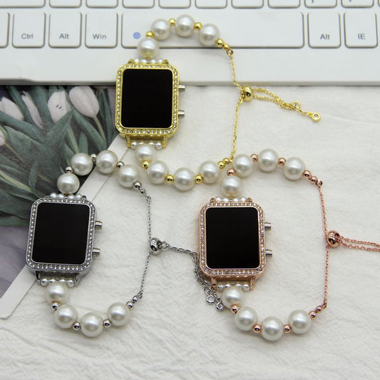 Niche design square temperament pearl women's watch Internet celebrity creative handmade beaded LED display Watch