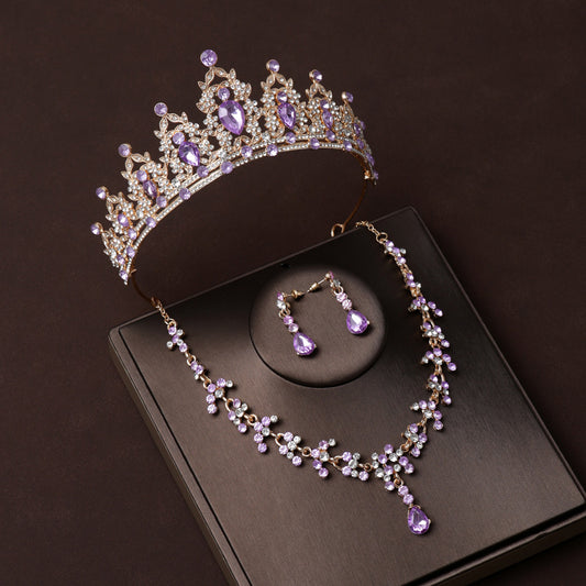 Luxurious Birthday Purple Diamond Crown Bridal Headwear Main Wedding Necklace Three-piece Set