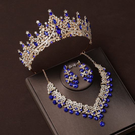 Wedding Bridal Tiara Crown Hair Accessories Blue Diamond Retro Luxury Necklace and EarringsTthree-Piece Set