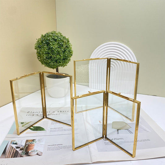 Golden Picture Frame Metal Glass Geometric Ornament Plant Sample Clip for Pressed Flowers Photo 2 Pictures for Decoration for Living Room