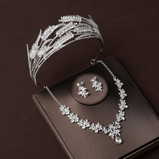 Luxury Leaf Crystal Bridal Jewelry Sets Rhinestone Flower Tiara Crown Necklace Earring Set For Women Bride Wedding Jewelry Set