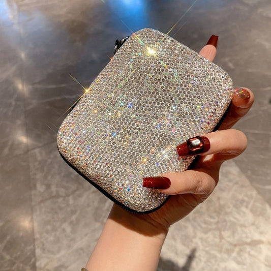 Data Cable Storage Bag with Rhinestones Headset U Disk U Shield Charger Protective Case Sundries Trinkets Jewelry Organizer