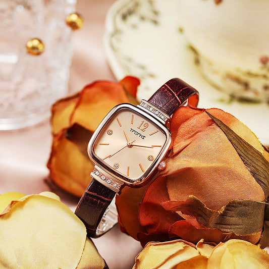 Women Square Rose Wrist Watch Leather Quartz Wristwatches Fashion Watch Clock