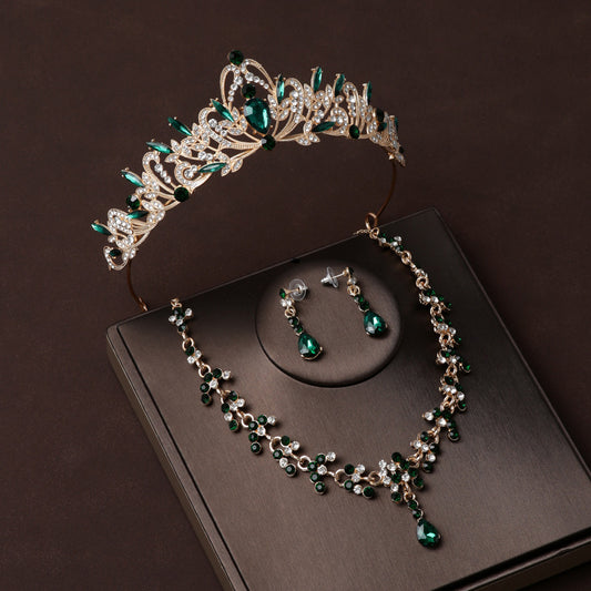 Crown Tiara Green Diamond Attractive Wedding Jewelry Three-piece Set 18-Year-Old Female Coming-of-age Ceremony Birthday Gift Crown