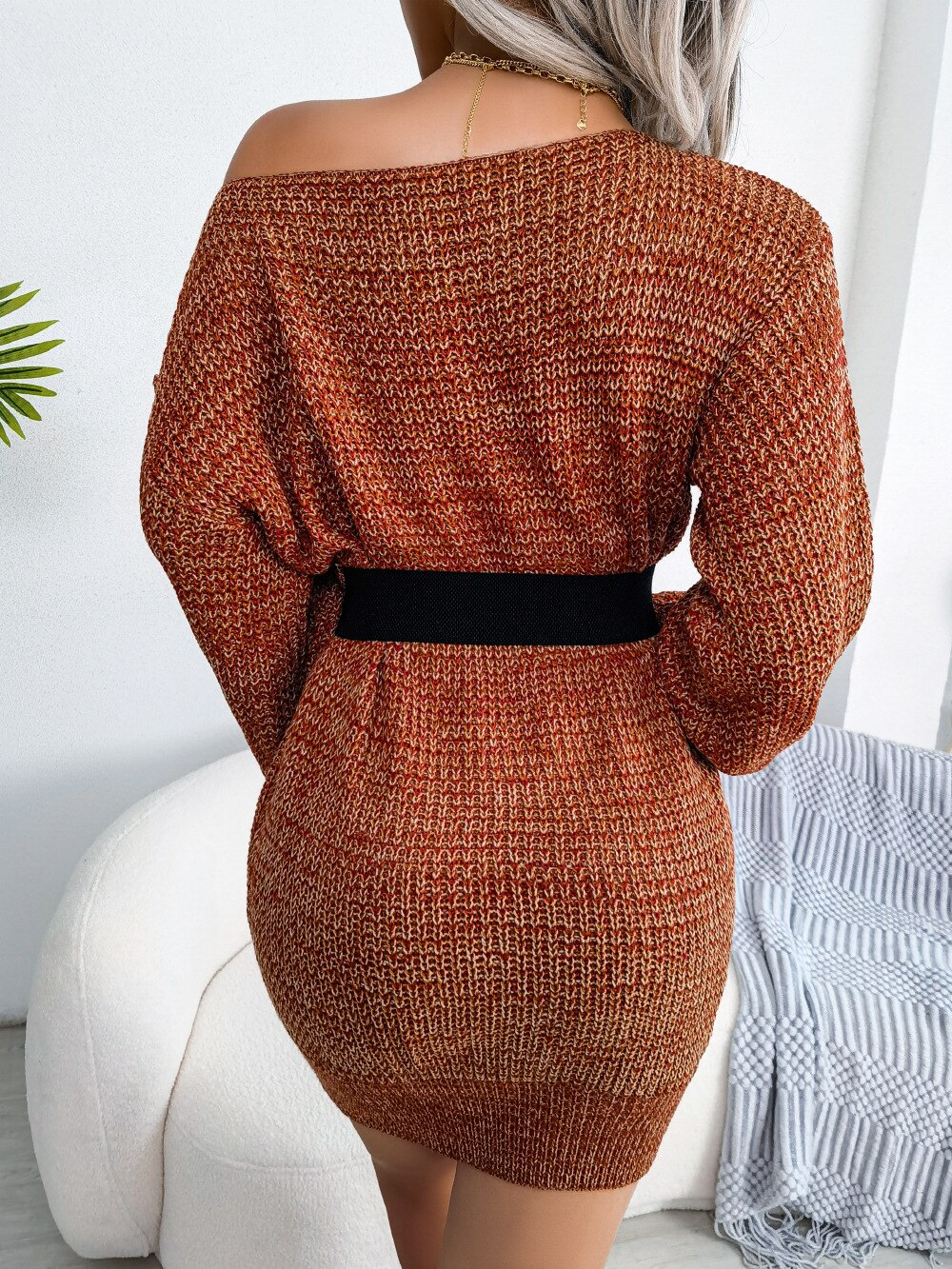 Women Autumn Winter Casual One Line Neck Off The Shoulder Colorful Lantern Sleeve Knitted Sweater Dress - WD8126