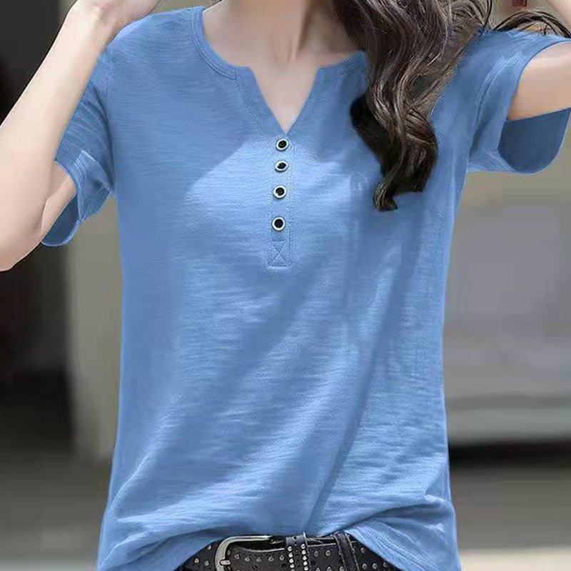 Women's Blouse Clothing V-neck Button T-shirt Spring Summer Loose Large White Short Sleeve Solid Elegant Casual Tops - WSB8527