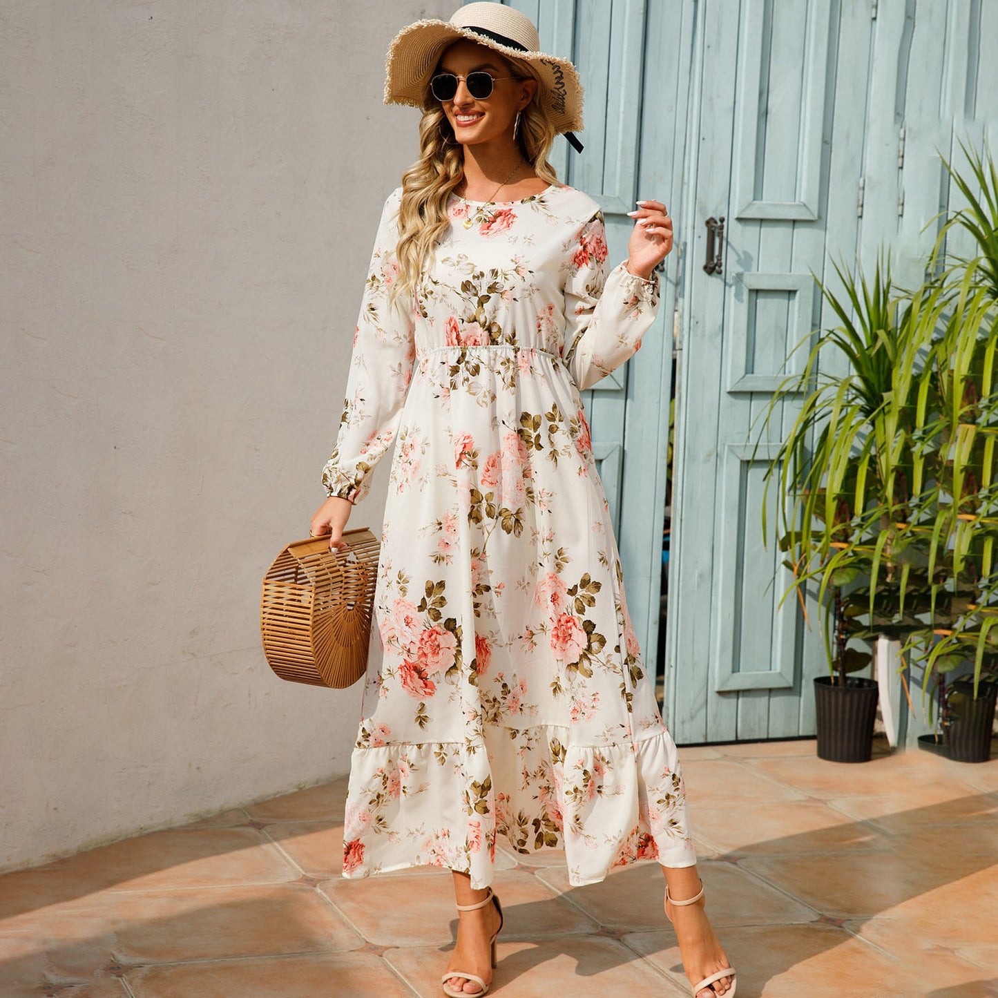 Women Summer Floral Casual Long Dress Maxi For Women Long Sleeve Dress - WD8067