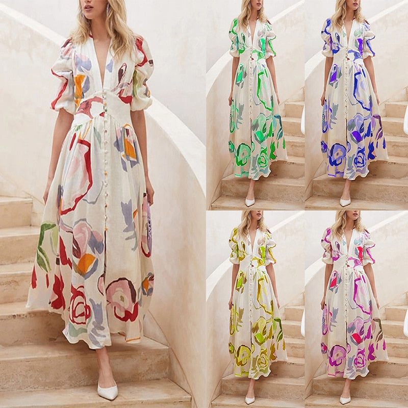 Women Summer Dress Casual Deep V-Neck Simple Printing Slim Long Dress - WD8033