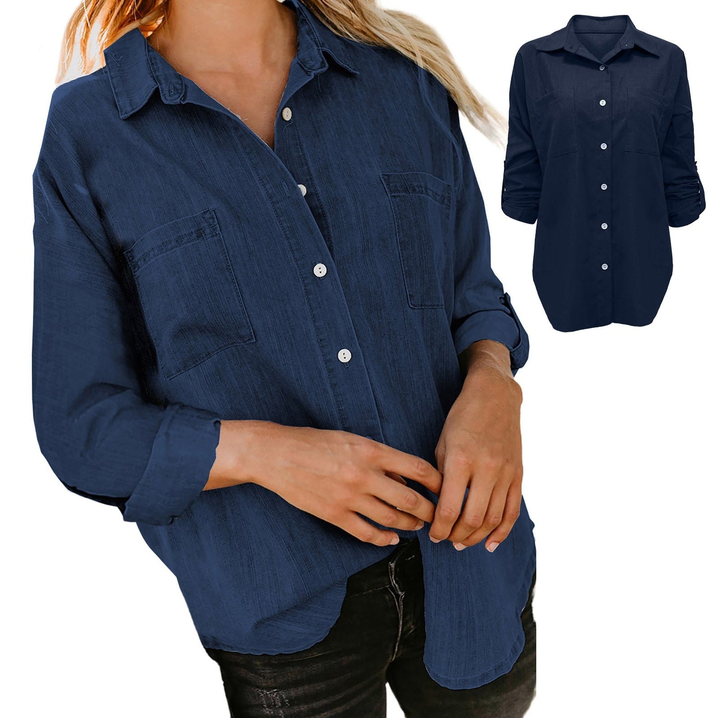 Women'S Denim Shirt Loose Double Pocket Long Sleeved Versatile Casual Blouses