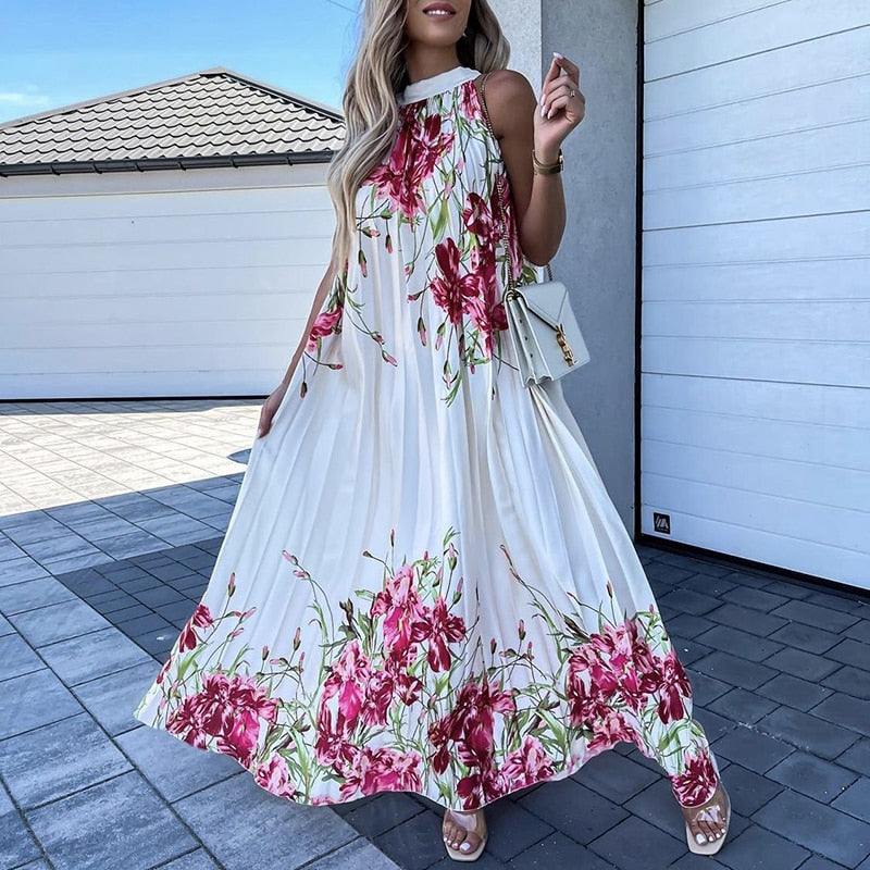 Women Summer Fashion Commute Loose Waist Pleated Maxi Dress - WD8218