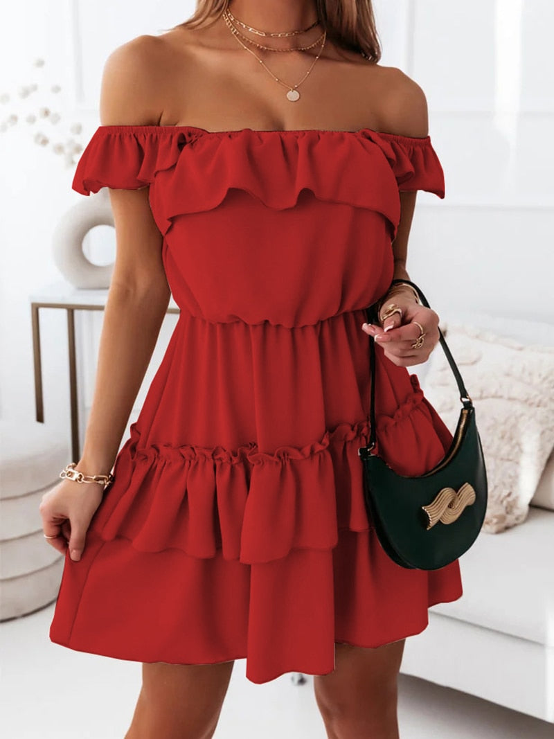 Women Solid Ruffles Slip Dress Summer Off The Shoulder A Line Casual Mini Party Dress - WD8265