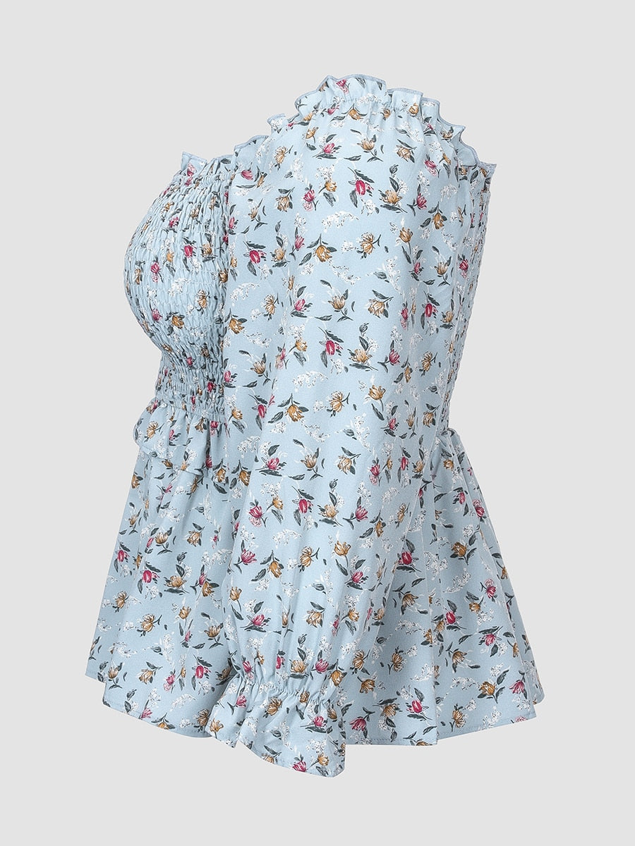 Women's Floral Print Shirred Frill Trim Flounce Sleeve Blouse Plus Size - WPSB8172