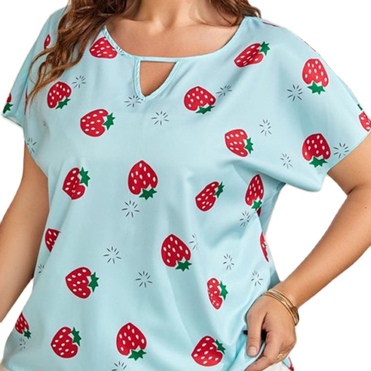 Women Plus Size Blouses Strawberry Print Blouse Loose Tee Women Casual Short Sleeve Tops - WTS8179