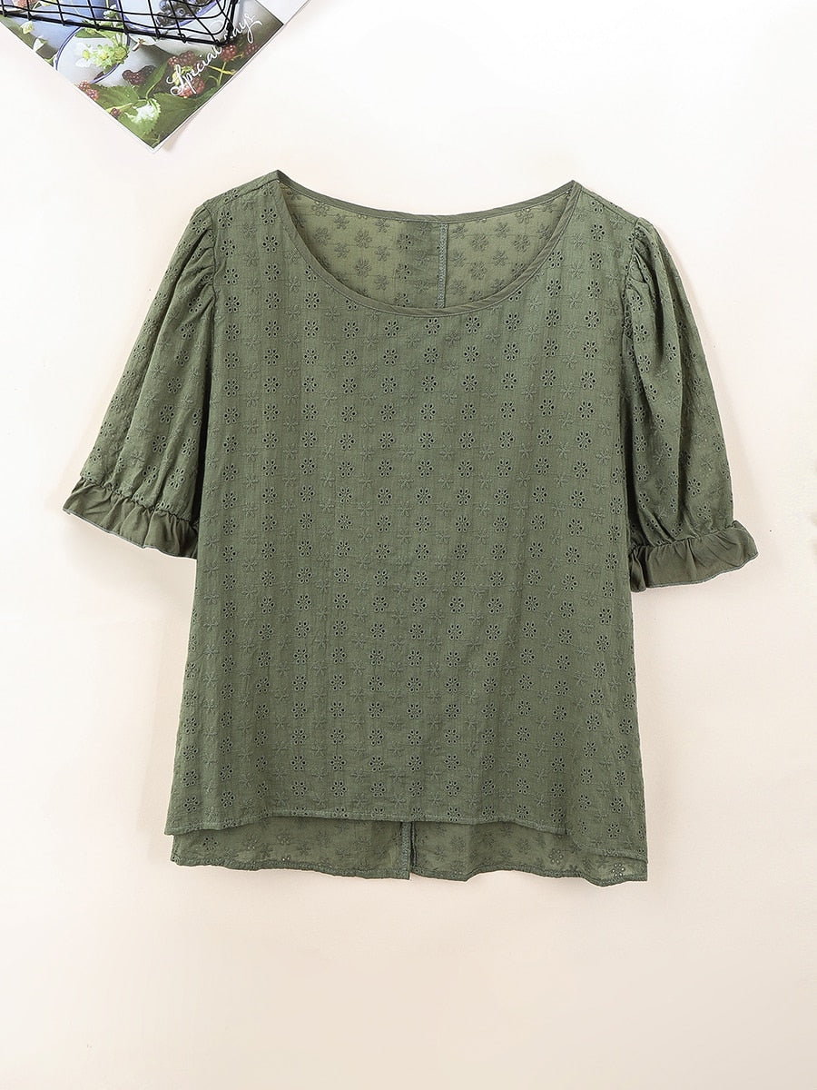 Women Plus Size Button Detail Schiffy Blouse Short Sleeve Hollow Oversized T-shirt Summer Casual Temperament Top - WPSB8169