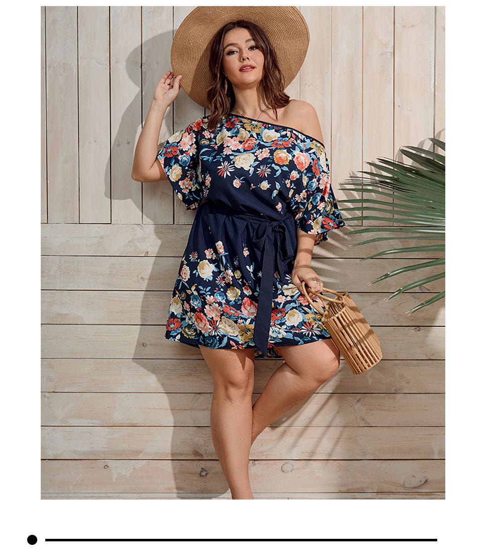 Women's Plus Size Floral Print Sleeve Belted Summer Dress - WD8159